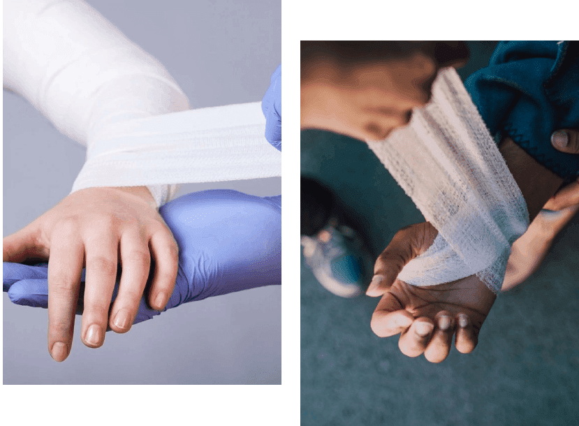 A person with their hands wrapped in bandages.