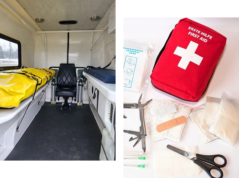 A picture of an ambulance and the inside of a vehicle.